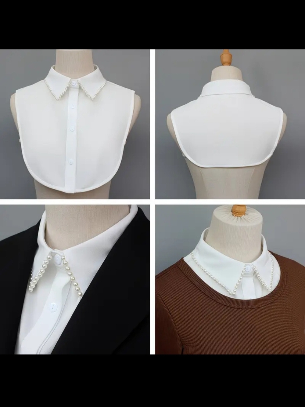 Detachable Pearl-Trim White Shirt Collar Dickey